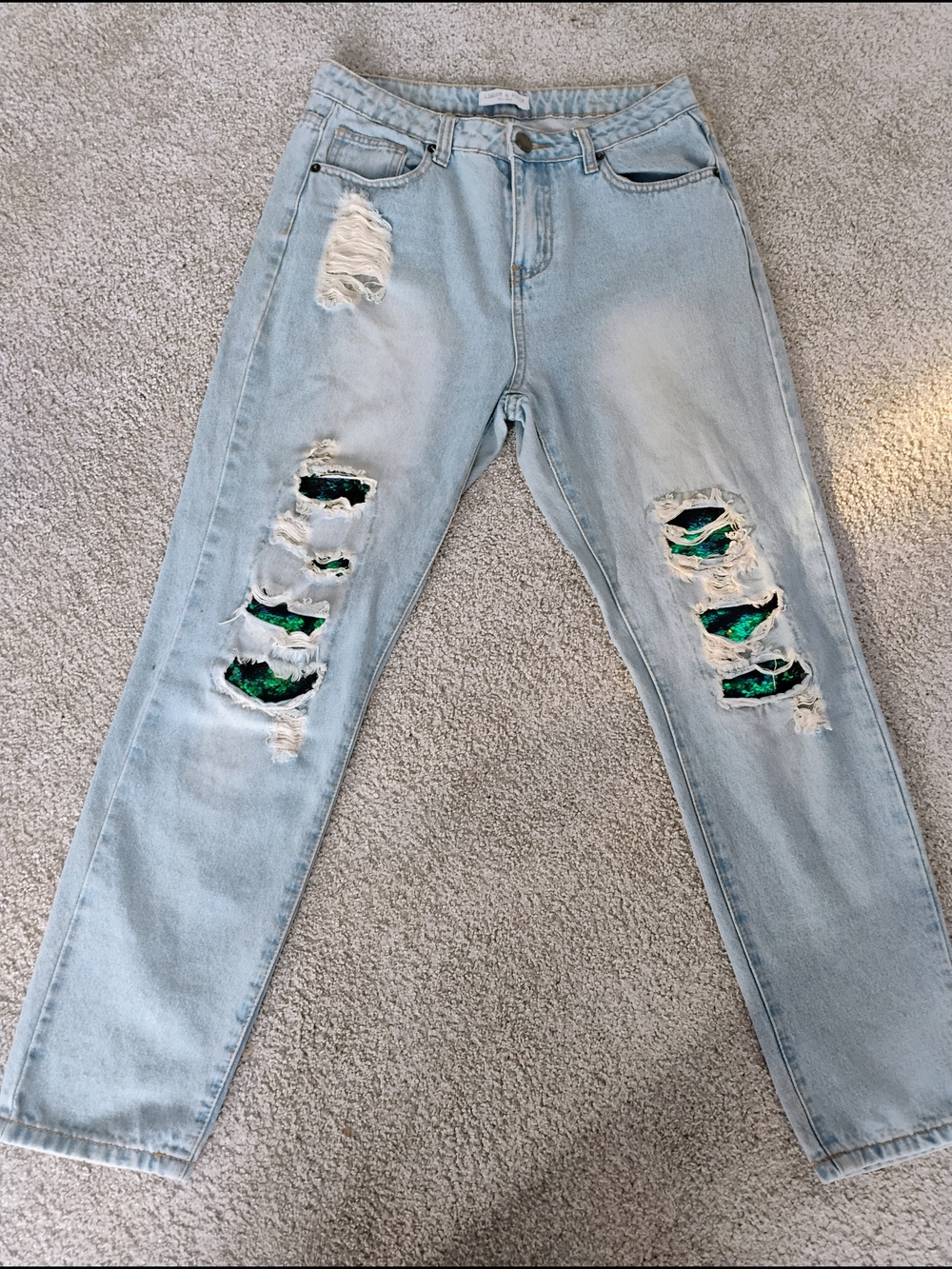 Light Wash Distressed Women’s Jeans with Green Sequin (Mermaid) Patches US 6